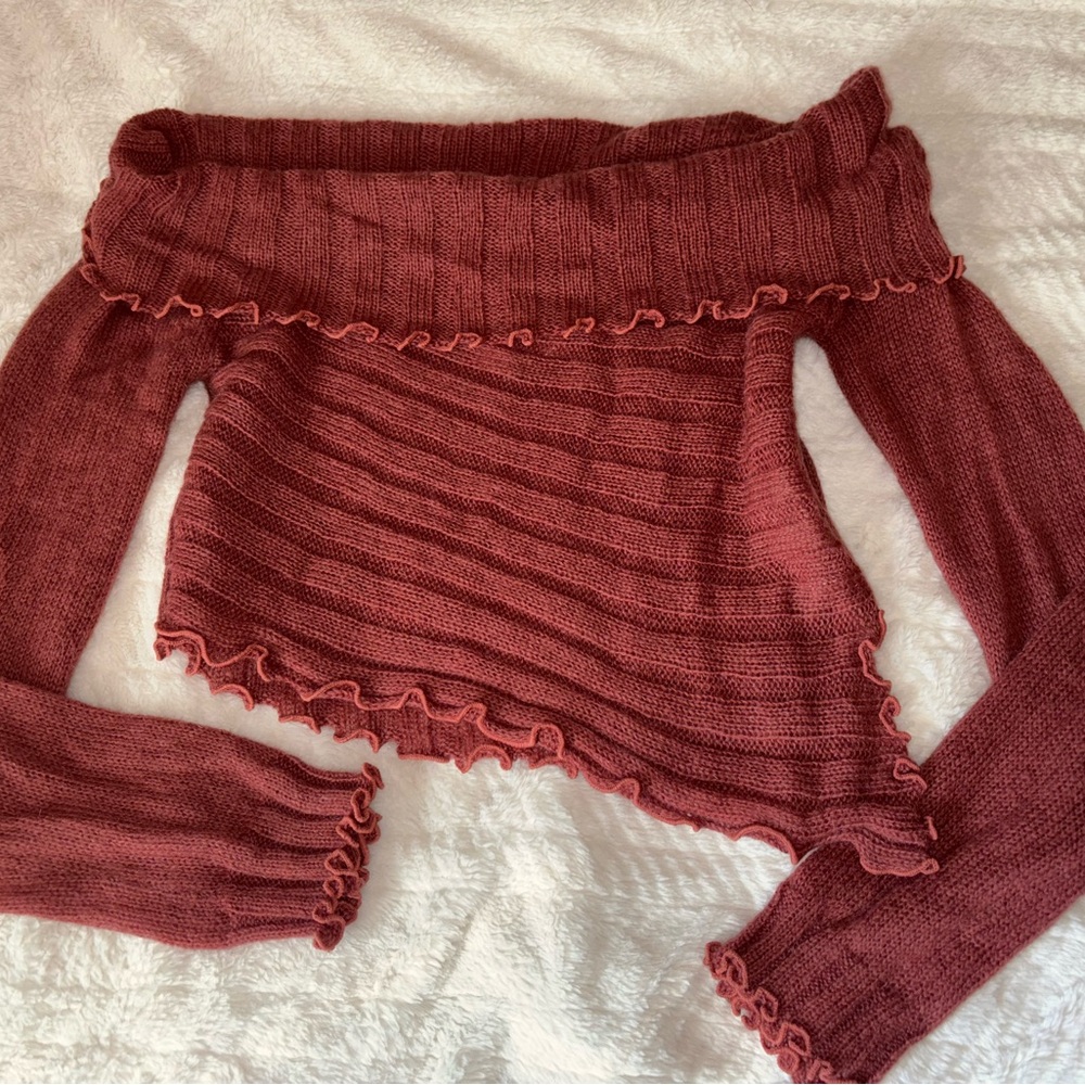 Forever 21 Red Off-the-Shoulder Sweater with Ruffled Neckline